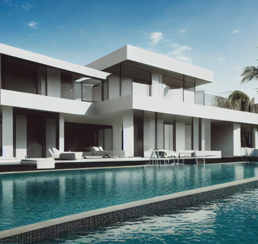 Luxury pool villa spectacular contemporary design digital art real estate , home, house and property, Generative AI illustration.